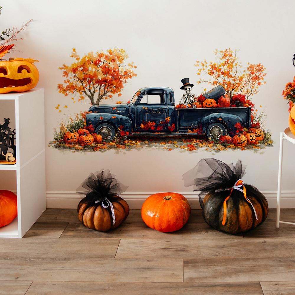 Halloween Motorcar Skeleton Pumpkin Wall Decal For Kitchen And Decor Entryway