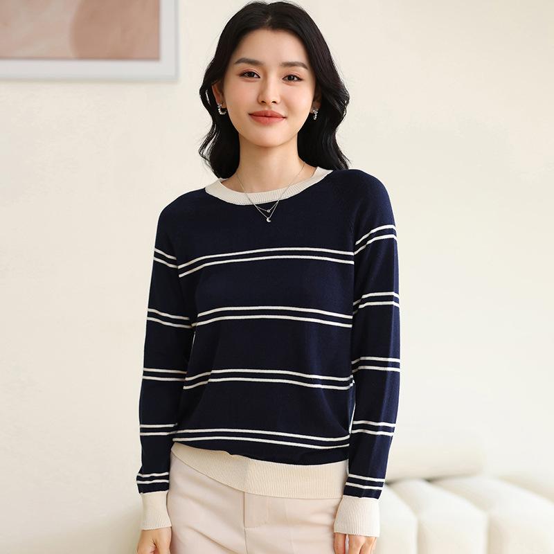 Cotton Striped Womens Crew Neck Knitted Sweater Womens Spring and Autumn Updated Trendy Versatile Top Cotton Thread Temperament Bottoming Top