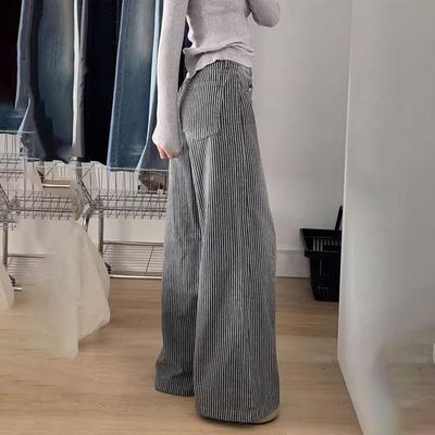 American Retro Black Gray Striped Wide Leg Jeans for Women In Spring and Autumn High Waist Loose Straight Leg Slimming and Floor Length Pants