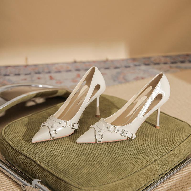 8588 [sheepskin] High Heels Women's Thin Heels Spring 2025 New Versatile Punk Style Pointed Head Empty Single Shoes