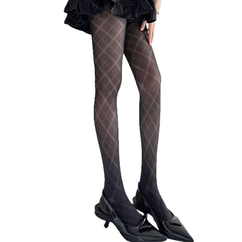 Spicy Diamond Lattice Silk Thigh-High Stockings: Dark Pattern Sexy Tights, One Size, Black