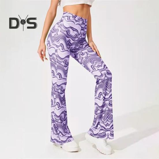 Women Yoga Pants High Waist Water Wave Striped Print Casual Trousers Running Cycling Flared Leggings Loungewear