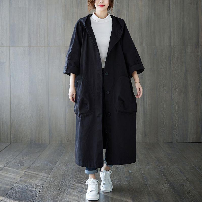 

Korean catties spring and autumn clothing literary and loose large size knee long big pocket trench coat women s hooded One size fits all [recommended 55-105kg] чорний
