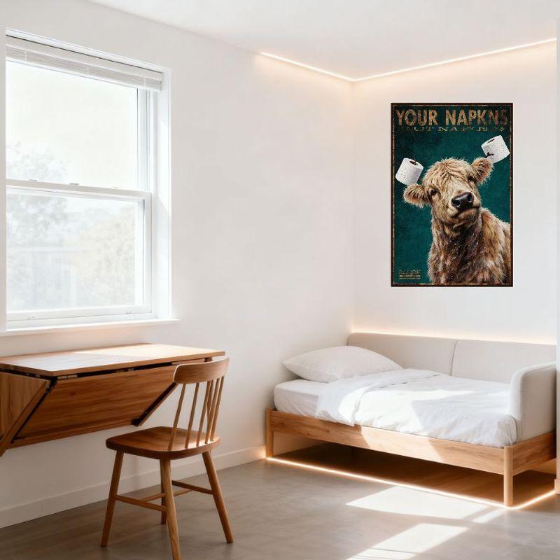 Humorous Highland Cow with Toilet Paper Horns Teal Background Vintage Metal Tin Sign for Bar Home Wall Decor Rustic Art Poster 8