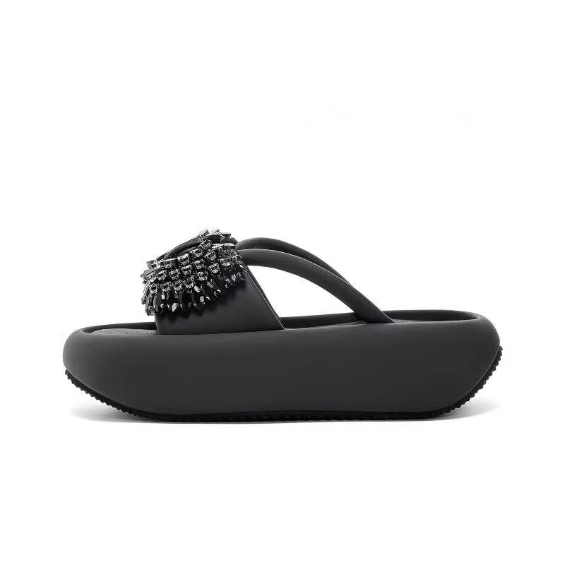 Rhinestone bow slippers wear new summer fashion versatile thick bottom heightening casual slippers women
