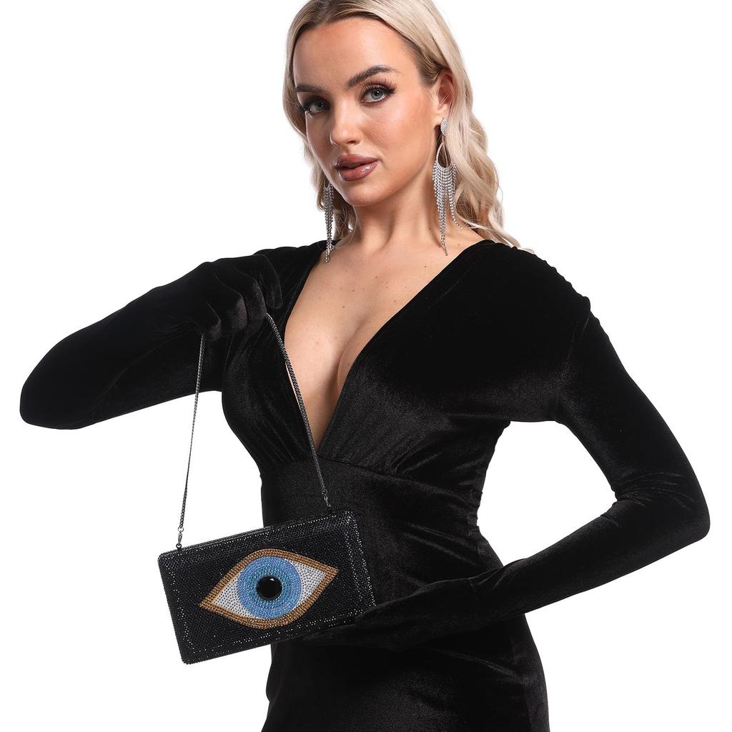 Boutique De FGG Evil Eye Women Rhinestone Evening Handbag Brown Crystal Clutch Bag Prom Party Box Metal Clutch Purse, Mini