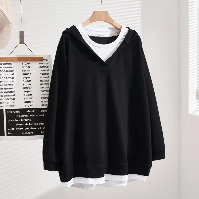 Sweatshirt for Women Cotton Loose Oversized False Two Piece Comfortable Round Neck Casual Pullover Top Hooded Sweatshirt