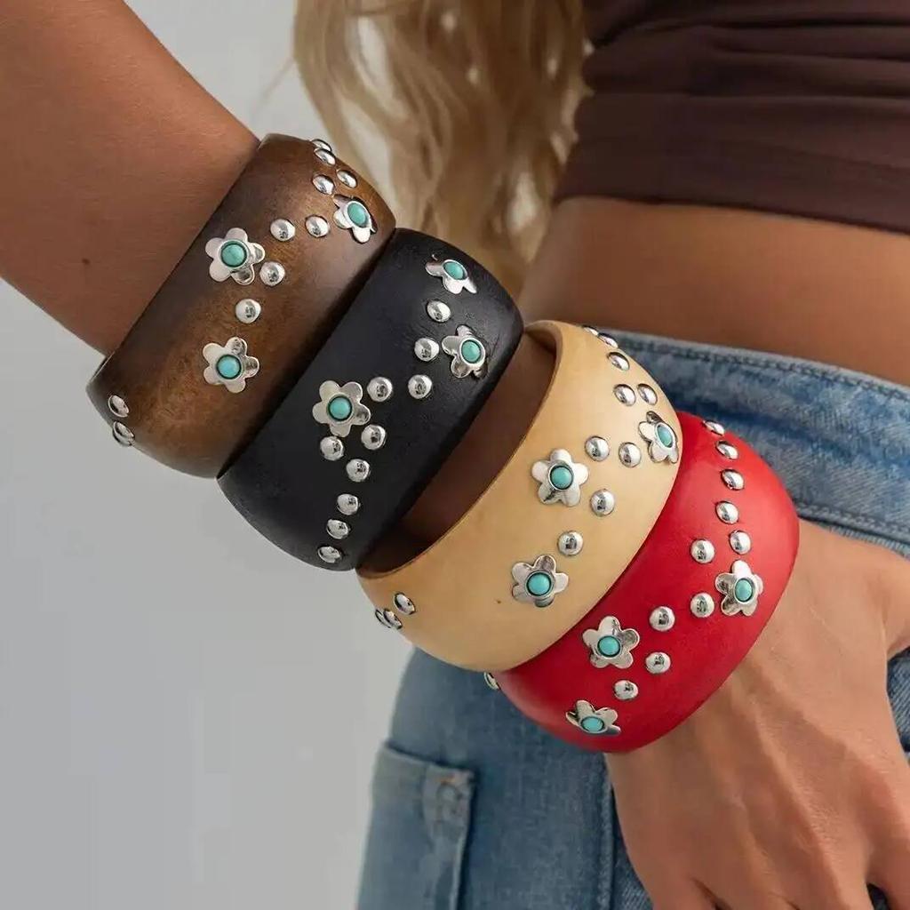 SHIXIN Bohemian 4 Colors Round Wooden Wide Chunky Bracelet Women Vintage Ethnic Style Stackable Bangle Daily Wear Jewelry Gifts