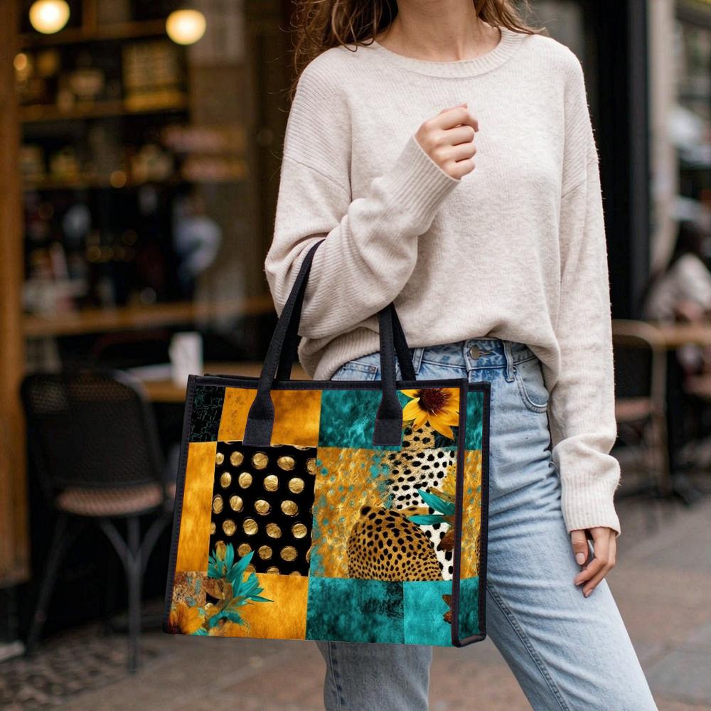 Sunflower Leopard Print Tote Bag Stylish Casual Large Capacity Portable Daily Use Handbag for Women
