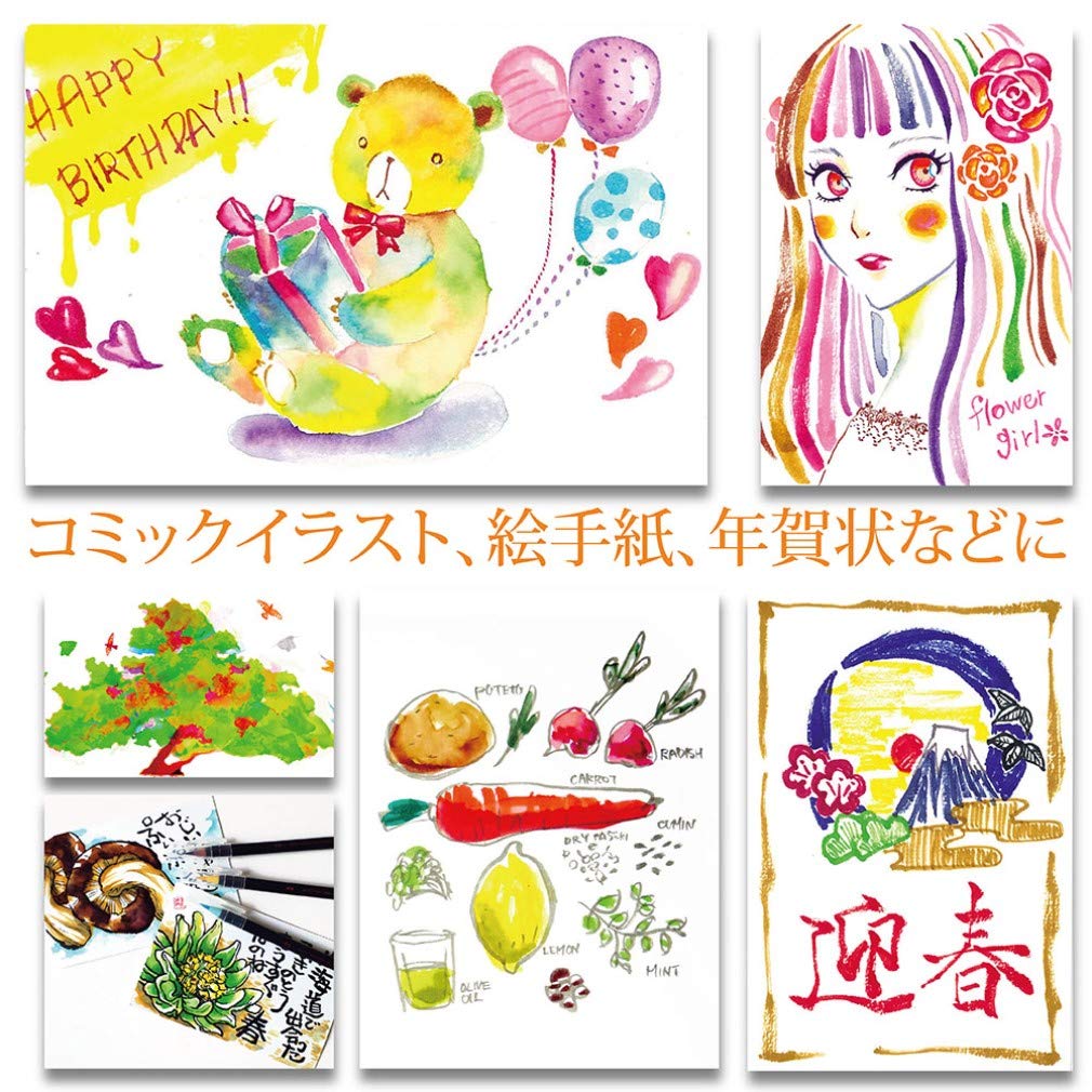 Akashiya Watercolor Brush Pen Set, 14 Colors + 2 Pens, Traditional Japanese Colors, Modern Calligraphy CA350S-04