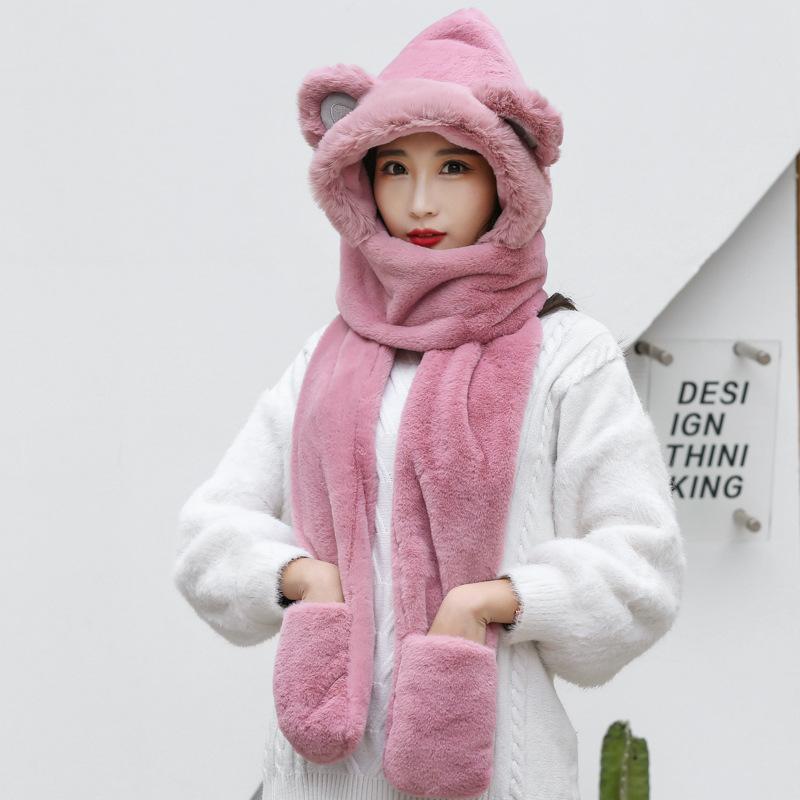 

Женские зимние шапки, шарфы, перчатки, интегрированные женские маски, имитация кроличьего меха, теплые, модные и повседневные для шопинга One size темно-розовый