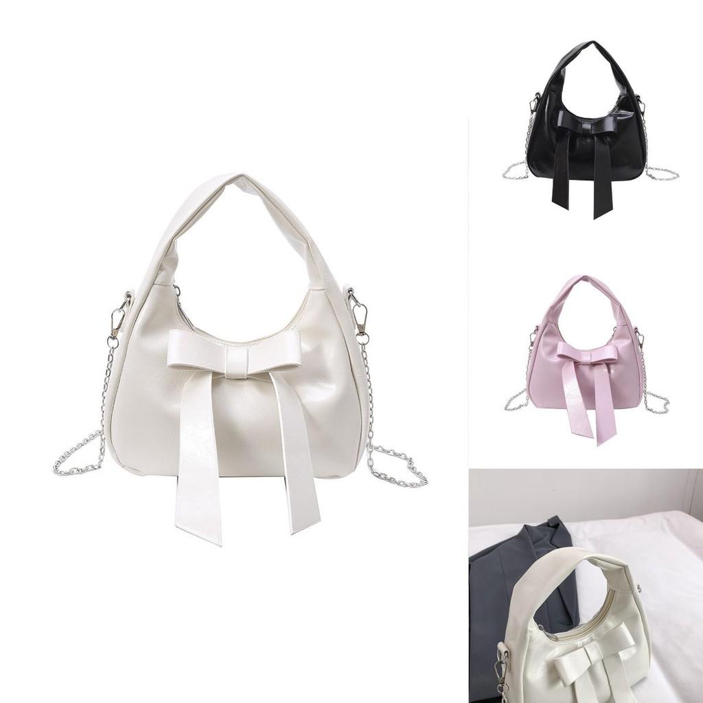 Solid Color Bow Shoulder Bag With Zipper Closure For Daily Use In Trendy Street Style