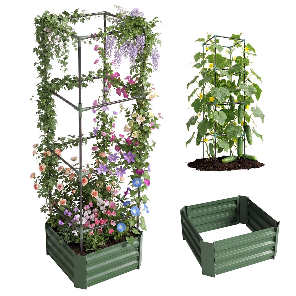 Planter with Adjustable Trellis, Flower Box, Tomato Cage, Galvanized Steel, 61 x 61 x 187 cm, Green