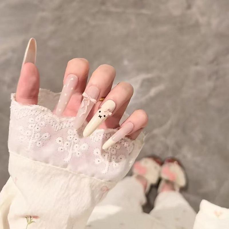Cream Bear Handmade Girly Bow Whitening French Manicure Wearable