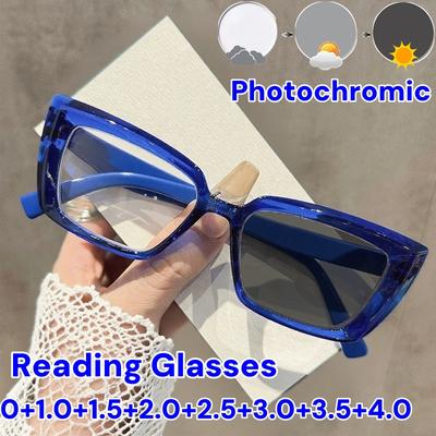 Quadratische Fassung Photochrome Lesebrille Damenmode Farbwechsel Anti Blaulicht Alterssichtigkeit Sonnenbrille Dioptrien bis +4.0