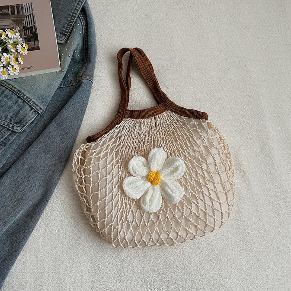 Summer Woven Handbag Flower Nylon Mesh Tote Bag Sweet Grocery Bag  Women