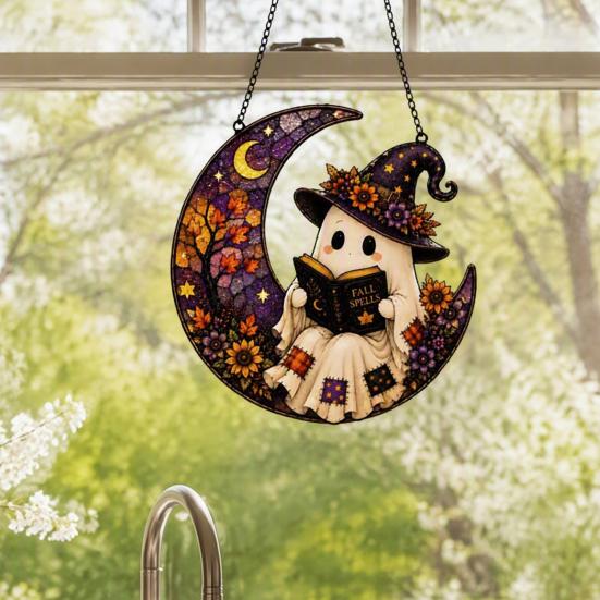 Farmhouse Exterior Ornament 2D Ghost Moon Pumpkin Acrylic Suncatcher, Halloween Window Hanging Ornament, Autumn Thanksgiving Garden Yard Wall