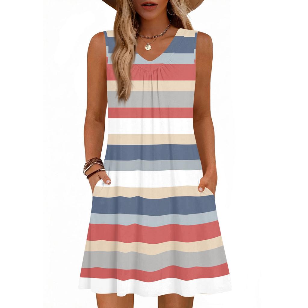 Dámské módní letní tílko bez rukávů s V-výstřihem, s kapsou, ležérní volné šaty