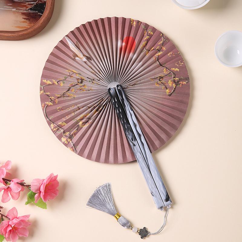 Folding Paper Fan With Traditional Floral Pattern Vintage Round Hand Held Paper Fan Group Fan Antique Chinese Style Fan Home