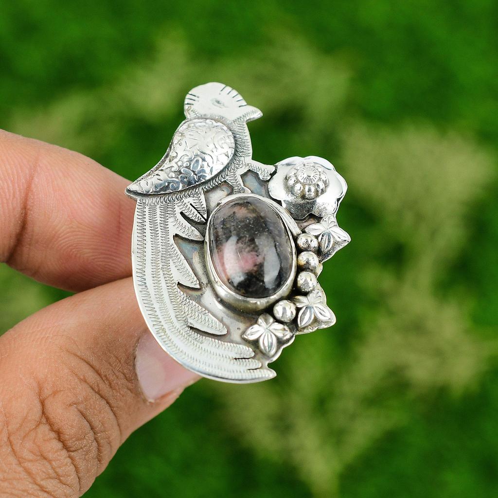 Gift For Her Natural Rhodonite Multi Stone Bird Adjustable Ring 925 Silver