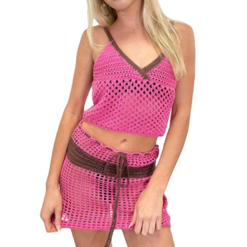 Fashion Summer Knitting Suit 2025 Women's Clothing V Neck Sleeveless Midriff-Baring Vest Sexy See-through Short Skirt Two-piece Set