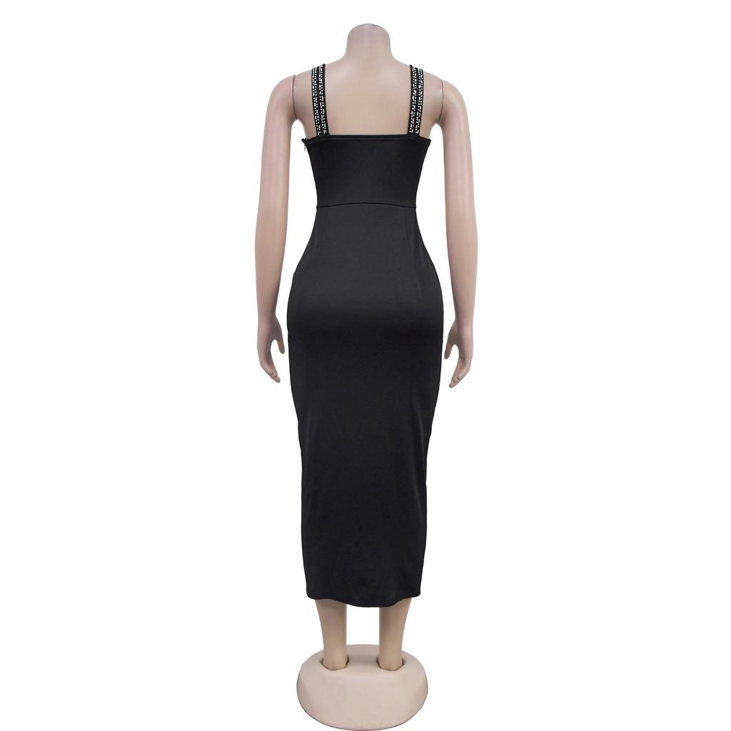 European & American Fashion Rhinestone Strappy Midi Dress - Women's Hot-fix Style New Arrival