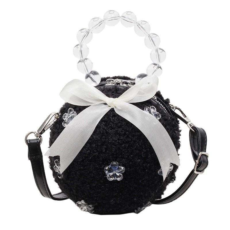 Nuova Borsa Rotonda Peluche con Perline Stile Cinese Portatile per Uso Quotidiano Casual
