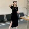 Women's High Texture Dress Summer Drawstring Slit Small Sexy Slim Over The Knee Short Sleeve Long Dress