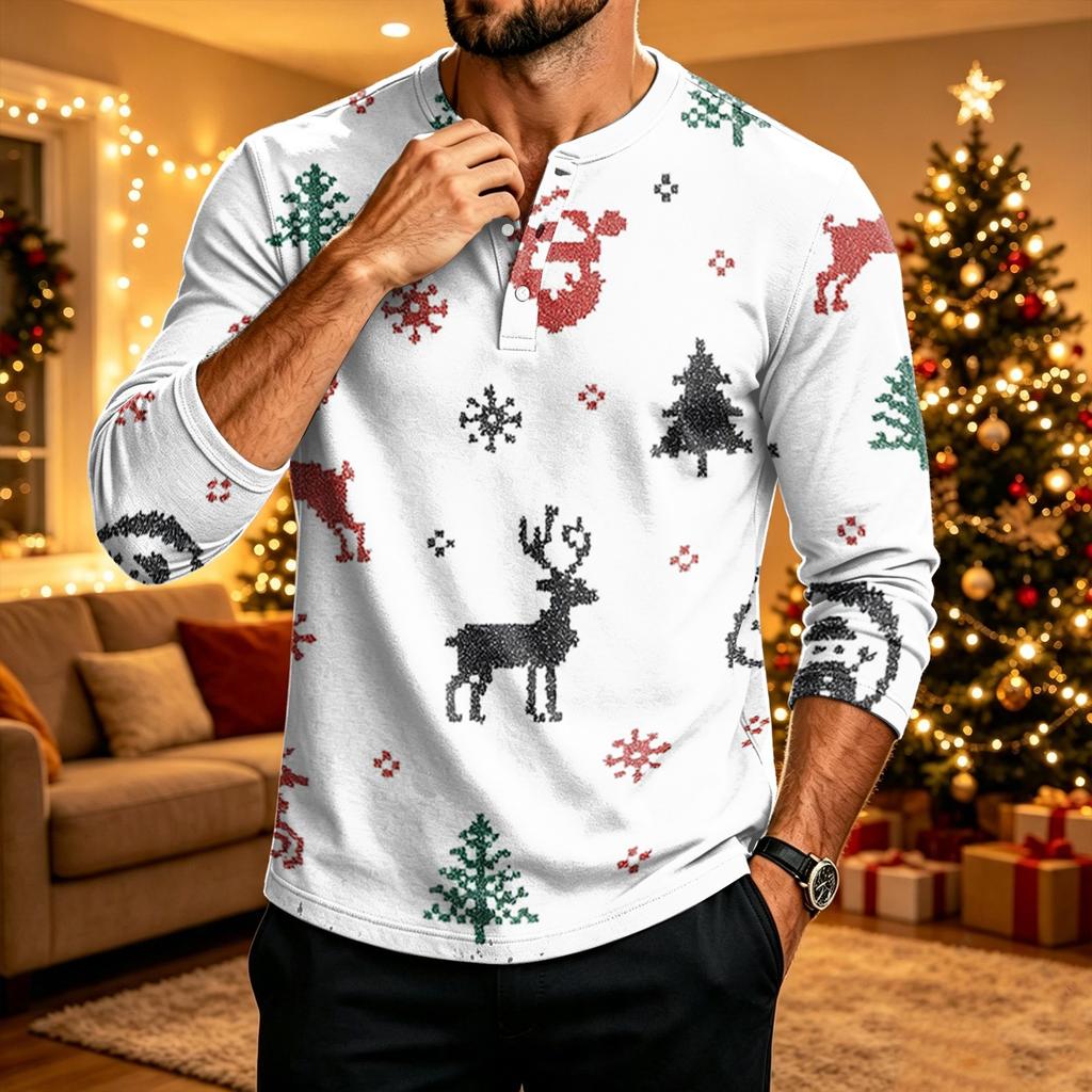 Men's Long Sleeve Christmas Print Shirt for Holiday Party Casual Daily Wear