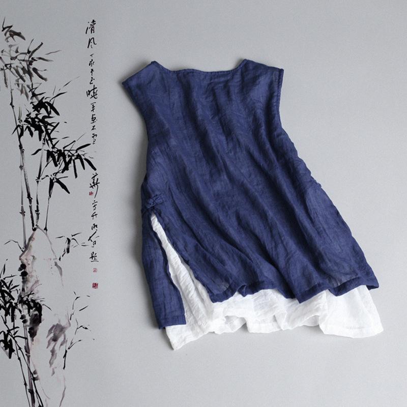 

Brand Hot Sale Double Layer Cotton Linen Thin Breathable Vest Sleeveless T-Shirts for Women Summer Casual Simple Loose Tank Tops 2XL темно-синього кольору