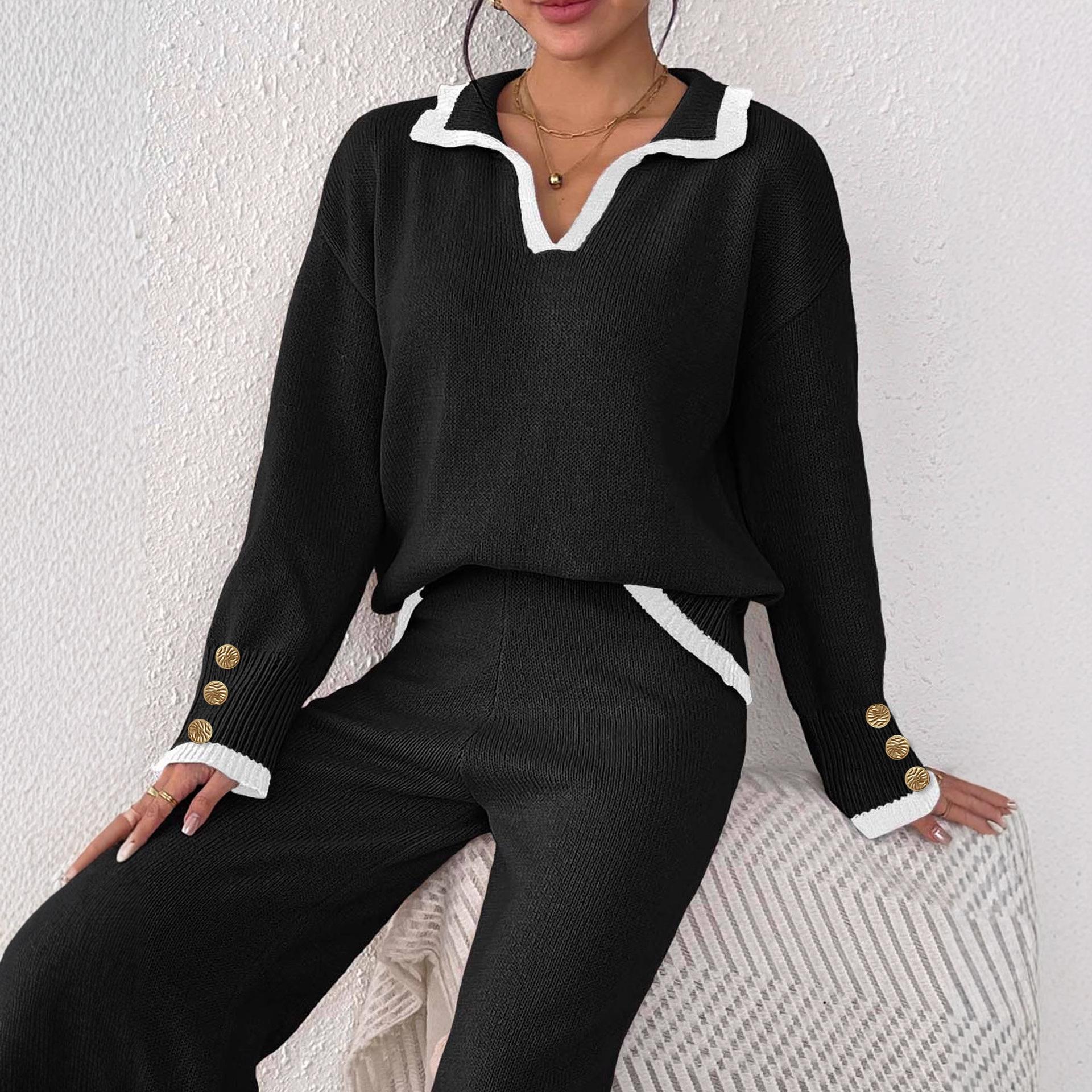 

Новый осенне-зимний топ для женщин, с лацканом, цветным блокингом и свитером с пуговичным узором XL чёрный