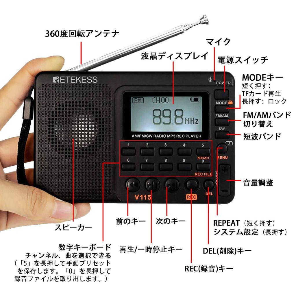 Retekess V115 Compact Shortwave Micro SD MP3 Japanese Language High Emergency Sleep Recording Voice Gift for Respect for the Aged Day Gift Radio,