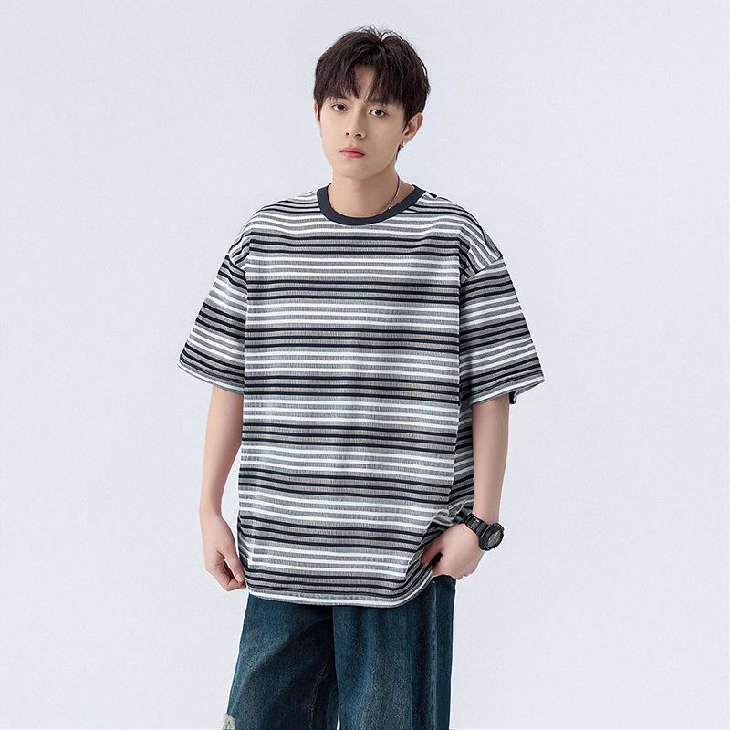 Men's Round Neck Short Sleeved T-shirt, Summer Casual Loose Striped T-shirt, Couple's Half Sleeved Top