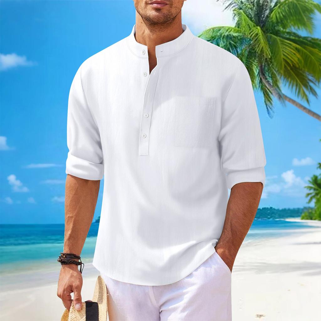 Men's New Solid Color Casual Cotton And Linen Standing Collar Long Sleeved Shirt