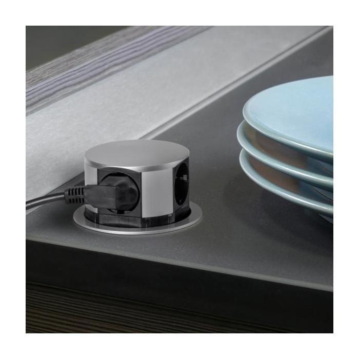 Emuca - multiconnecteur vertikal push diamètre 100mm, 3 prises de type schuko, 1 usb type a, 1 usb type c, acier et plastique,