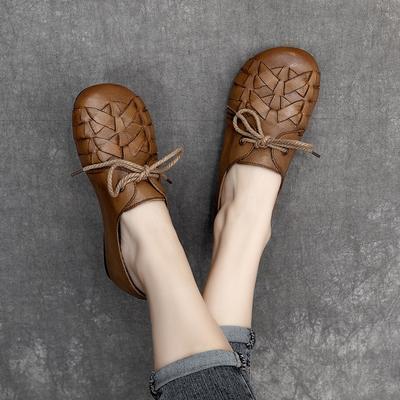 Autumn New Product Retro Casual Handwoven Laceup Women's Shoes Firstlayer Cowhide Flatsoled Doudou Single Shoes