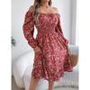 Fashion Women's Dresses Elegant Floral Square Neck Long Sleeve Waisted Ruffle A-line Dresses
