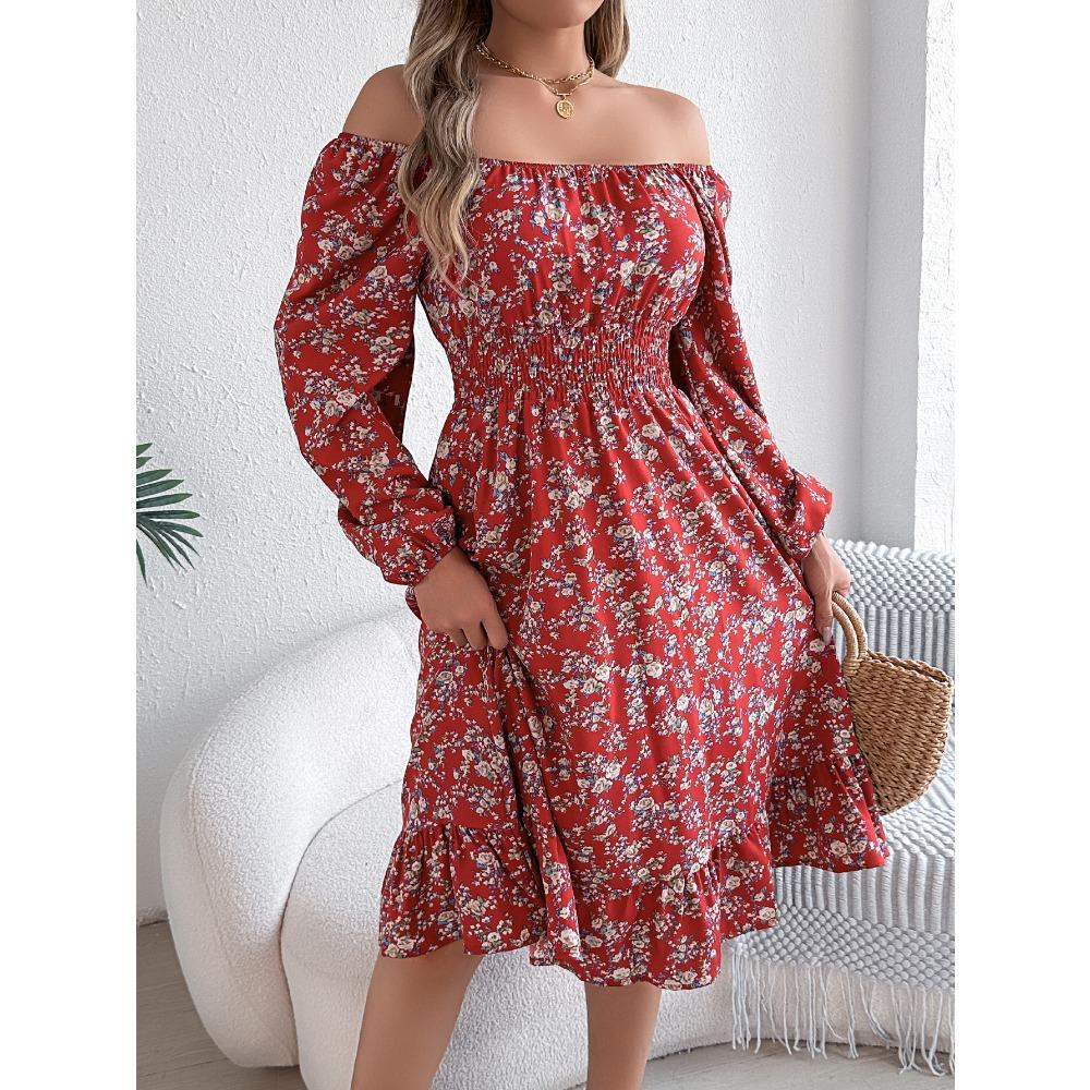 Fashion Women's Dresses Elegant Floral Square Neck Long Sleeve Waisted Ruffle A-line Dresses