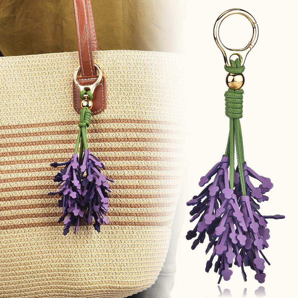 Leather Bag Charm With Lavender Flowers Handcrafted For Winter Fashion Accessory