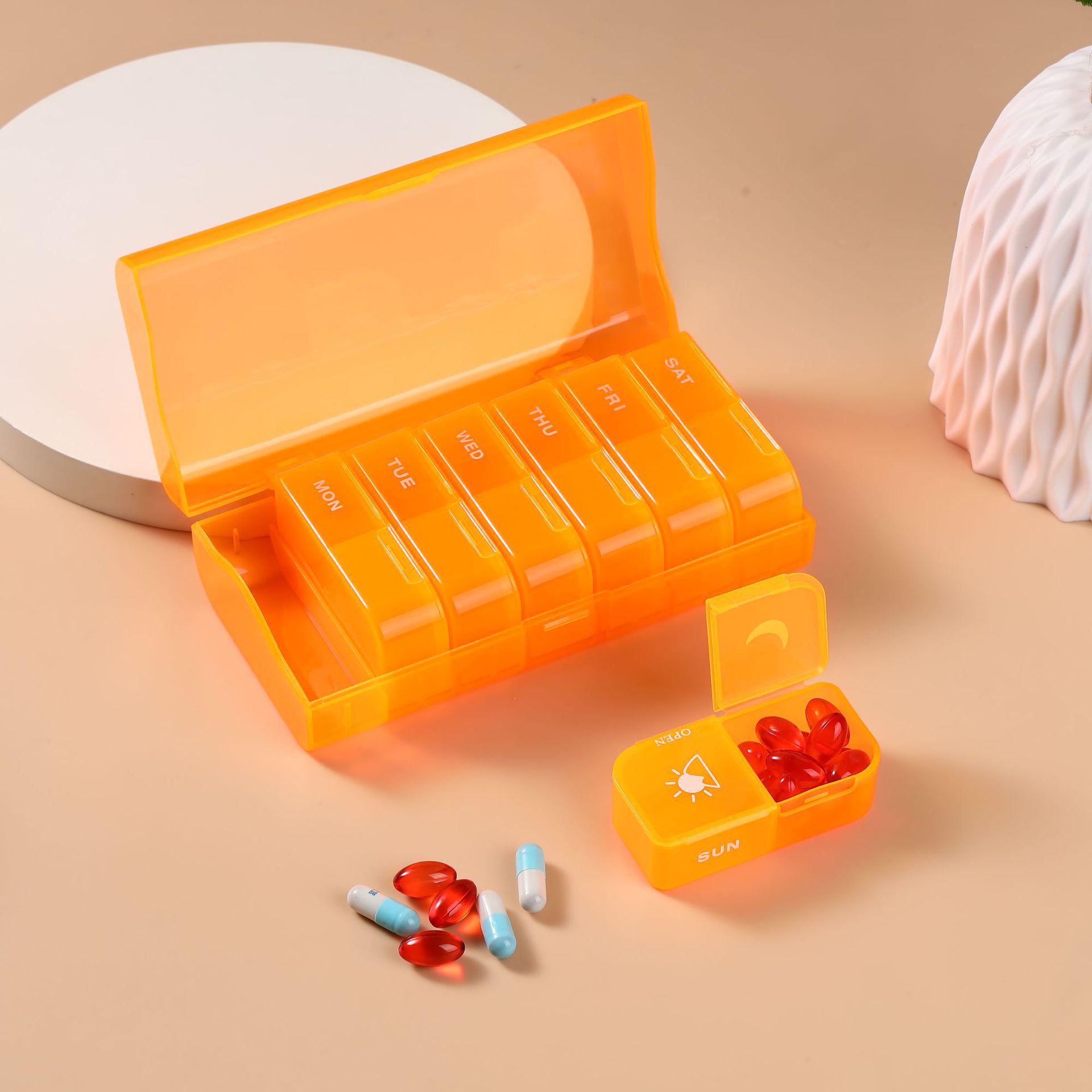 

Большой еженедельный органайзер для таблеток на 14 ячеек - Утро и Вечер, Портативный, Влагозащитный контейнер для хранения 15.5 x 7.8 x 4.3 cm оранжевый