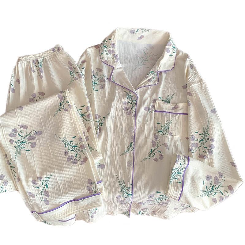 Spring and Autumn New Women's Garden Flowers Pajamas Girls Long-Sleeved Thin Section of Simple High-Level Sense of Suit Homewear
