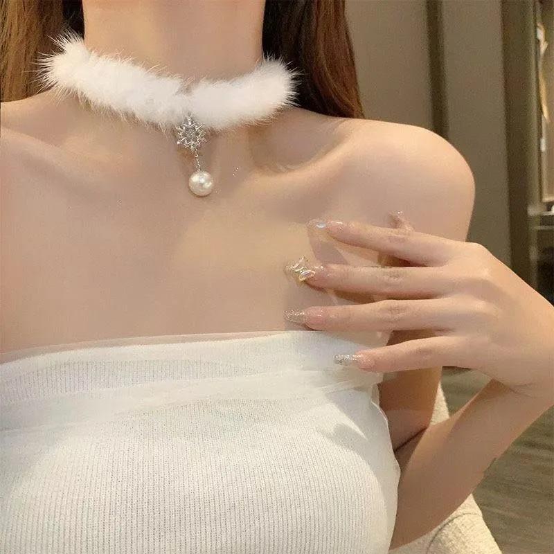 Party Club Fashion Jewelry Women Sexy Snowflake Pearl Fluffy Necklace Choker Plush Velvet Clavicle Chain Collarbone Chokers