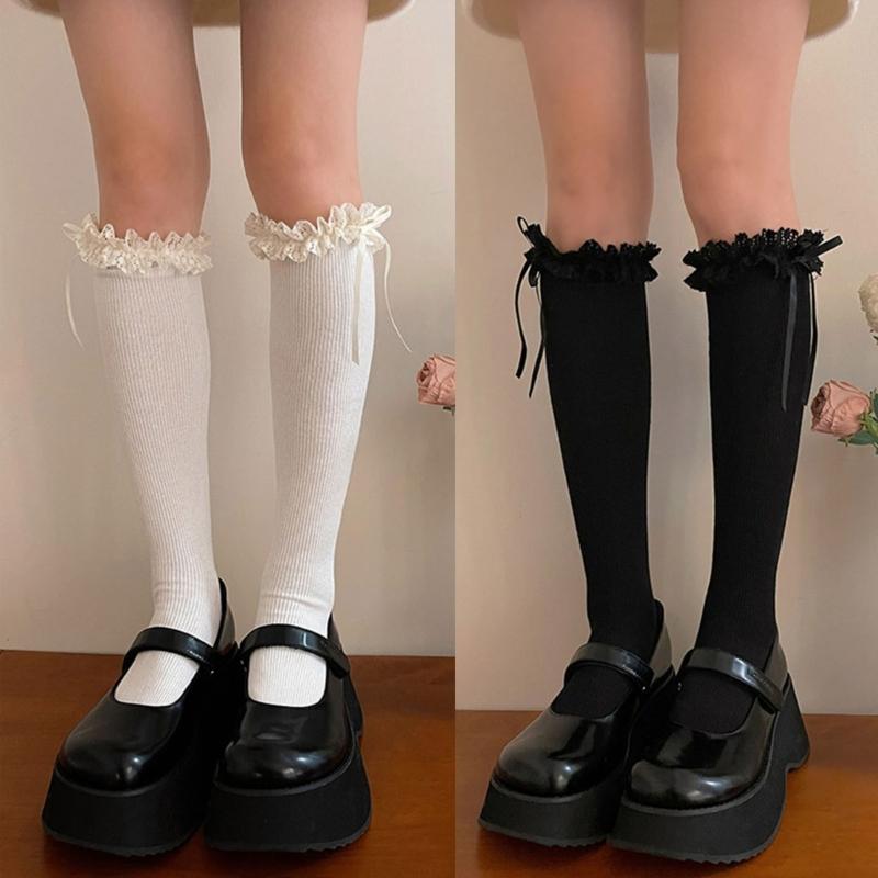 Ballet Style Bow Knee High Socks Lolitas Lace Ruffle Frilly Calf Socks JK Students Girls Stockings Sweet Knee Highs