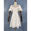 Export Single French Style Fairy White Exquisite Dark Pattern Flower Puff Short Sleeve A- Line Dress Cinched Short Dress