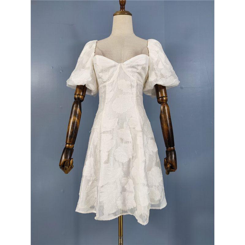 

Экспорт Одно Французское Стиль Фея Белый Изысканный Темный Узор Цветок Пышный Короткий Рукав А-силуэт Платье Приталенное Короткое Платье White S(36)