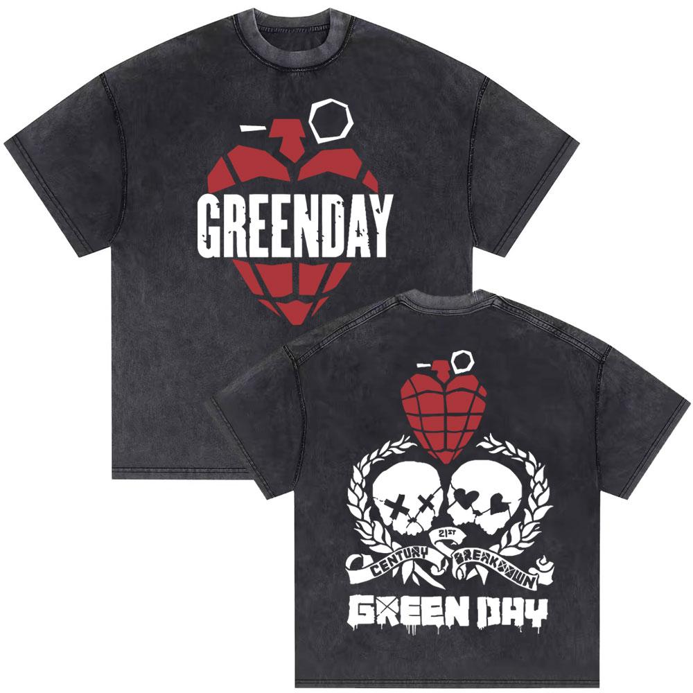 Washed Vintage Punk Band Green Day World Tour T Shirts Men Retro Gothic Rock Tshirt Male Cotton Casual Oversized Tshirts