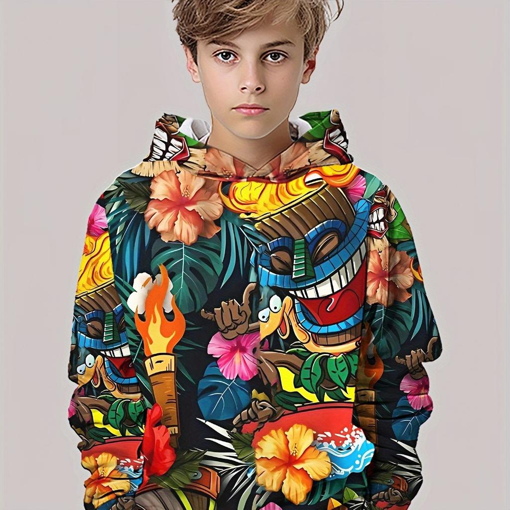 Boys' Hoodie - Tropical Hawaiian Totem and Flower Printed Hoodie, Long Sleeve Hoodie for Children, Children's Casual Wear, Bright Patterns