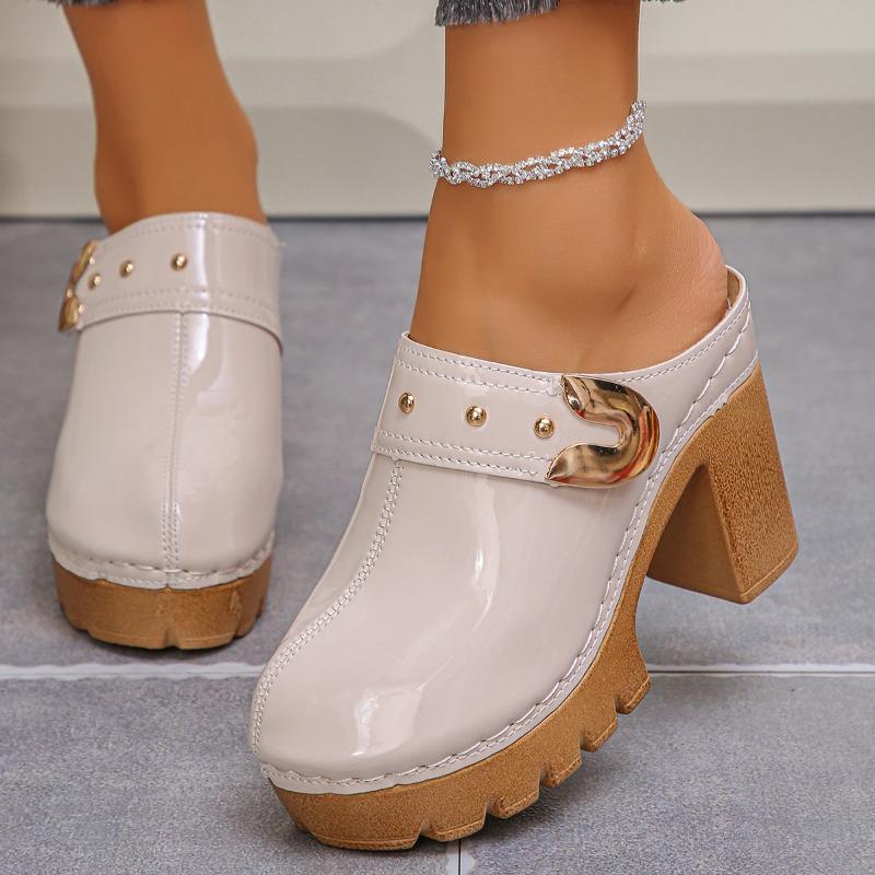 Damskor Chunky Högklackade Mules Tofflor Enfärgade Baotou Romerska Tofflor Plattform Slip-on Skor