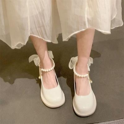 French Mary Jane Shoes Fairy Small Leather Shoes Female Summer 2025 New Pearl Bow Thick Heel Sandals with Skirt