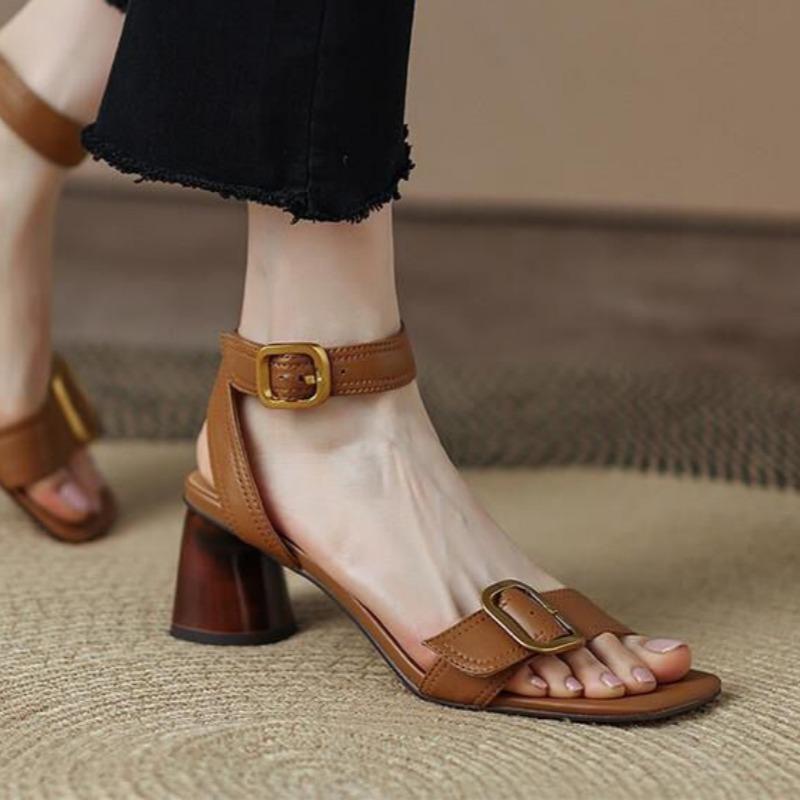

Fashion High Heels Sandals Women Square Toe Slingback Shoes Brand 2025 New Trend Summer Chunky Dress Elegant Office Open Toe Pumps Mujer 34 коричневий